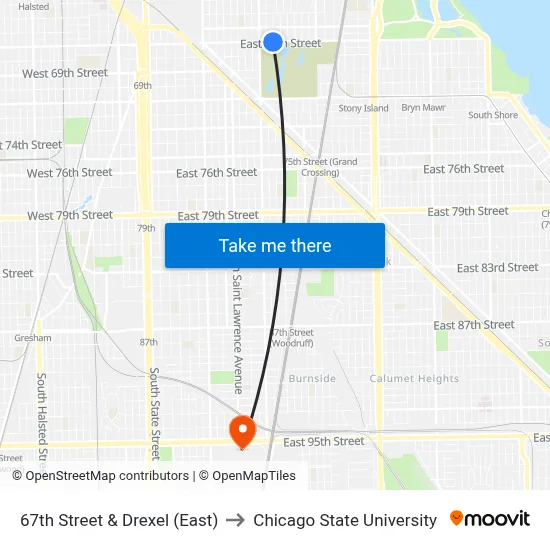 67th Street & Drexel (East) to Chicago State University map