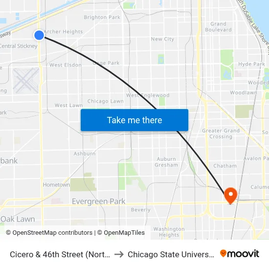 Cicero & 46th Street (North) to Chicago State University map