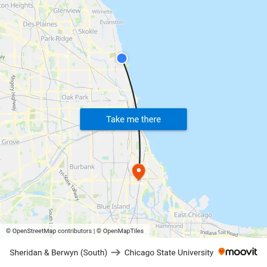 Sheridan & Berwyn (South) to Chicago State University map