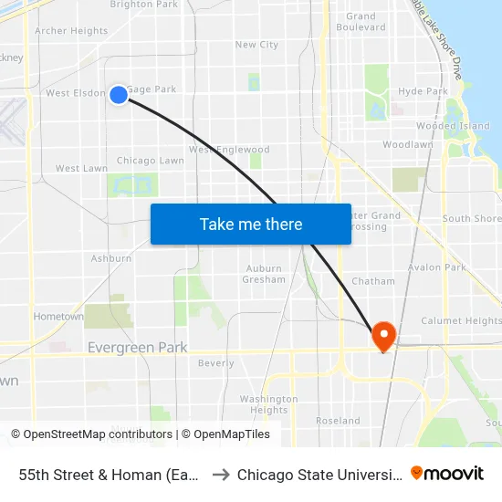 55th Street & Homan (East) to Chicago State University map