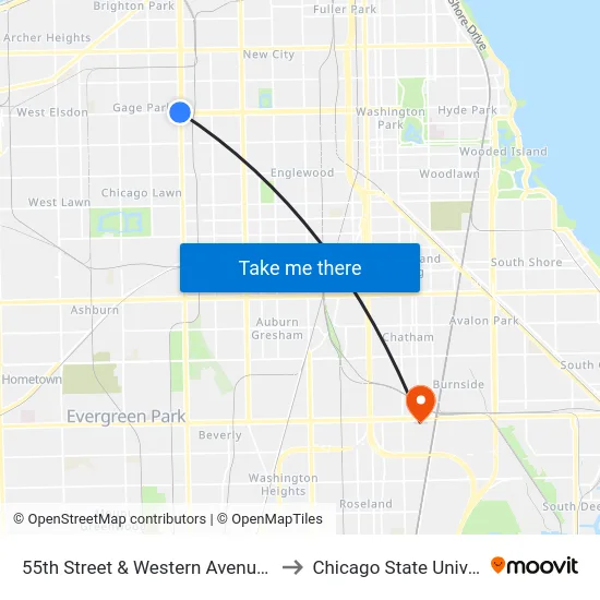 55th Street & Western Avenue (East) to Chicago State University map