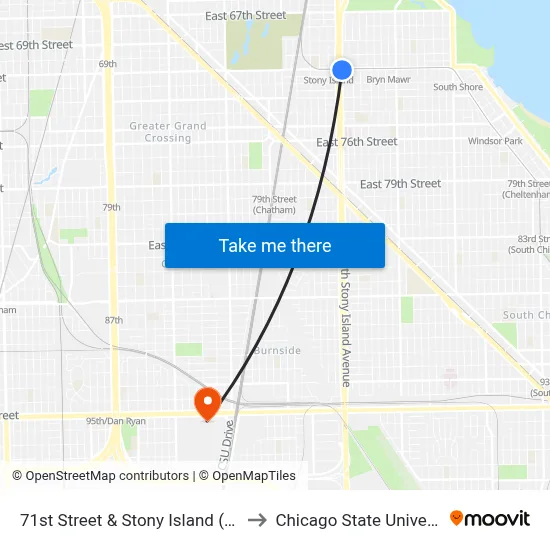 71st Street & Stony Island (East) to Chicago State University map