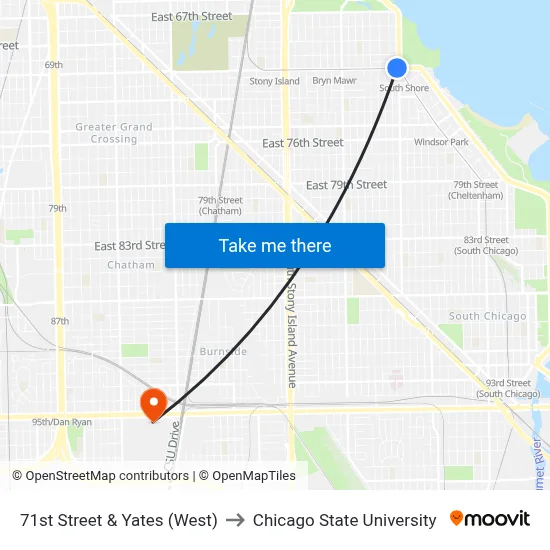 71st Street & Yates (West) to Chicago State University map