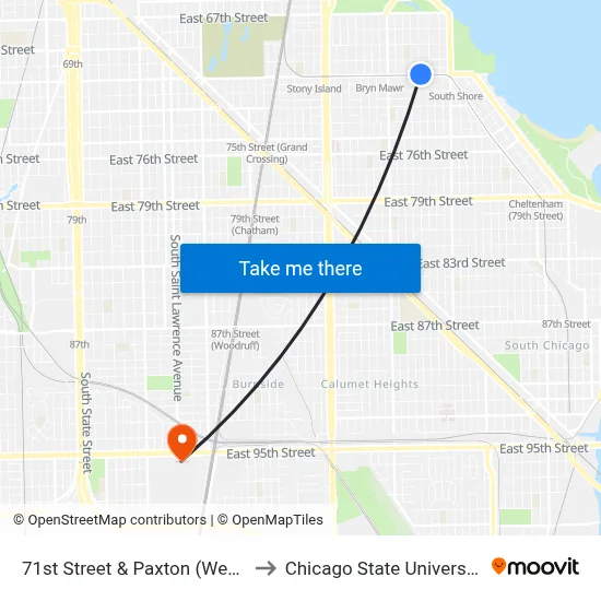 71st Street & Paxton (West) to Chicago State University map
