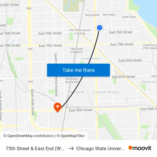 75th Street & East End (West) to Chicago State University map