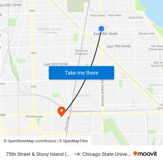 75th Street & Stony Island (West) to Chicago State University map