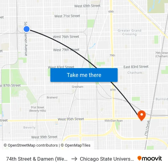 74th Street & Damen (West) to Chicago State University map