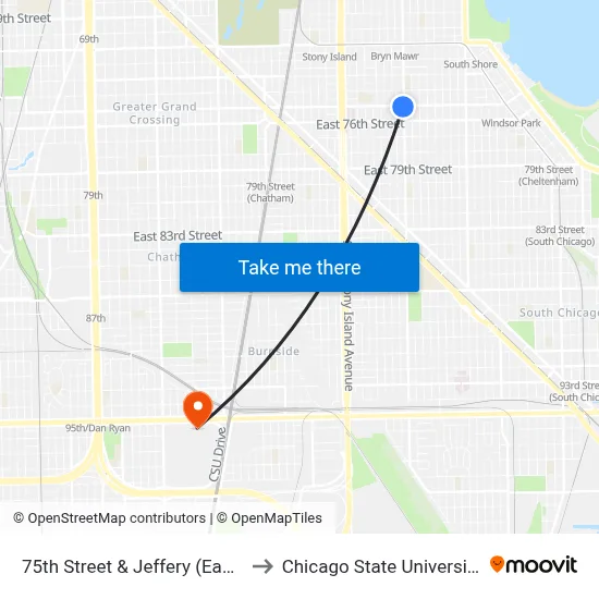 75th Street & Jeffery (East) to Chicago State University map