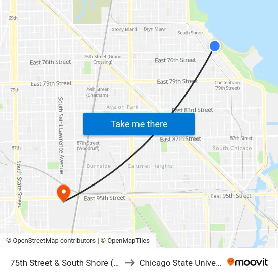 75th Street & South Shore (East) to Chicago State University map