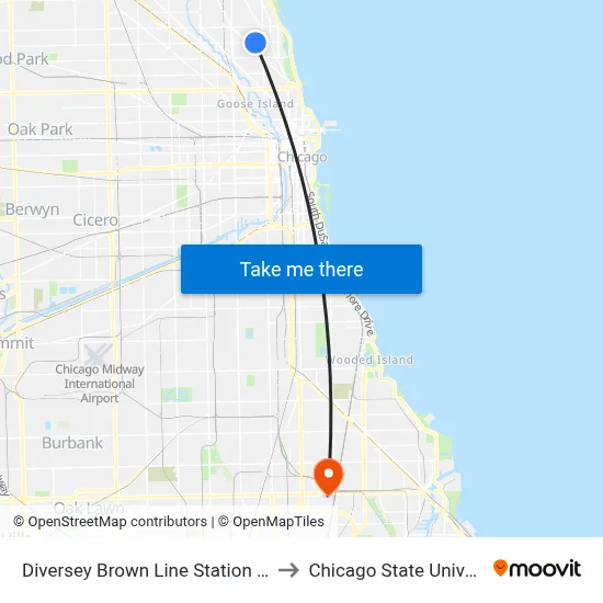 Diversey Brown Line Station (East) to Chicago State University map