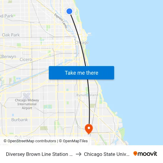 Diversey Brown Line Station (West) to Chicago State University map