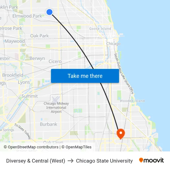 Diversey & Central (West) to Chicago State University map