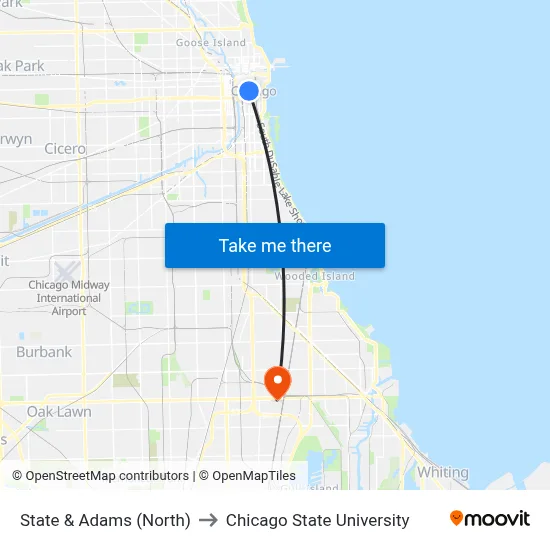 State & Adams (North) to Chicago State University map