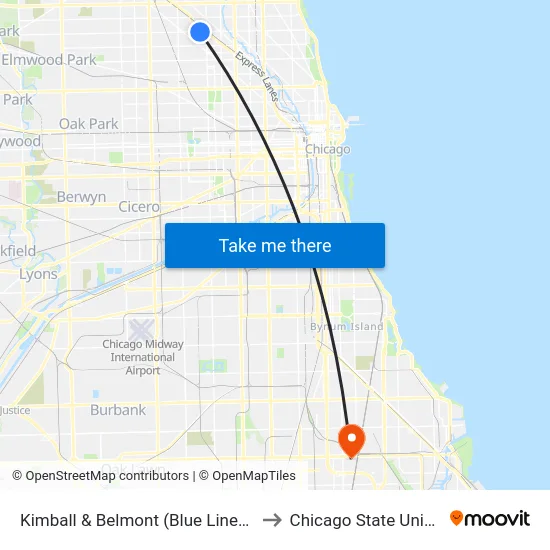 Kimball & Belmont (Blue Line) (North) to Chicago State University map
