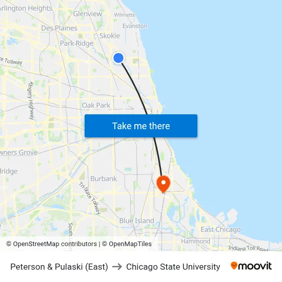 Peterson & Pulaski (East) to Chicago State University map