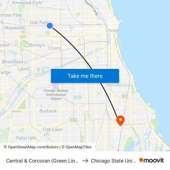 Central & Corcoran (Green Line) (North) to Chicago State University map