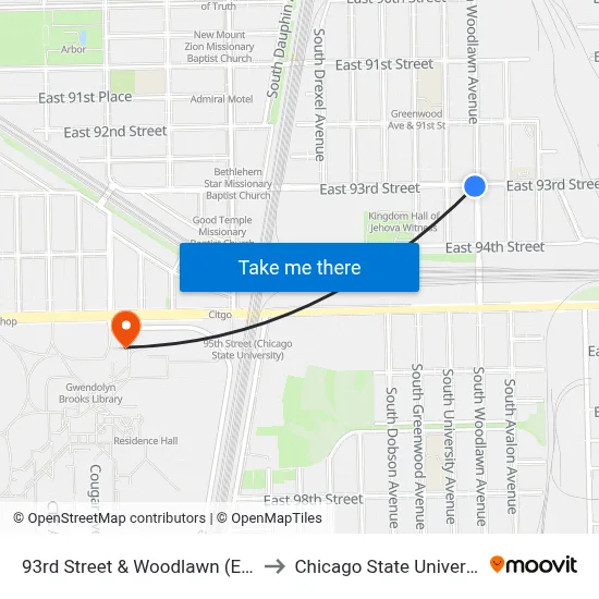 93rd Street & Woodlawn (East) to Chicago State University map