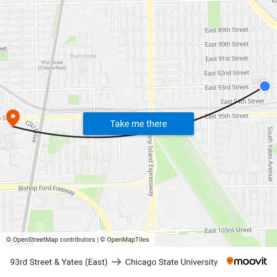 93rd Street & Yates (East) to Chicago State University map