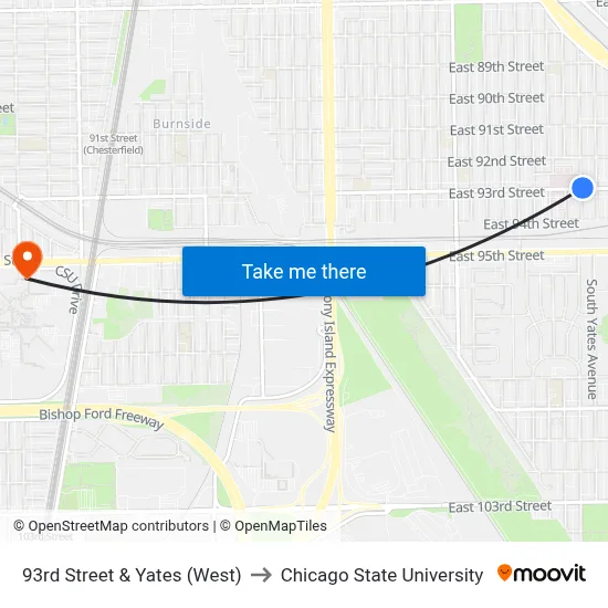 93rd Street & Yates (West) to Chicago State University map