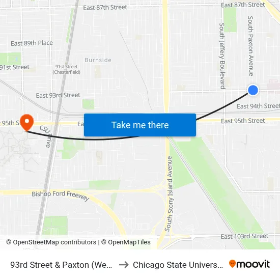 93rd Street & Paxton (West) to Chicago State University map