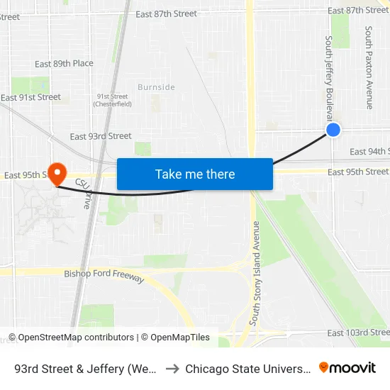93rd Street & Jeffery (West) to Chicago State University map