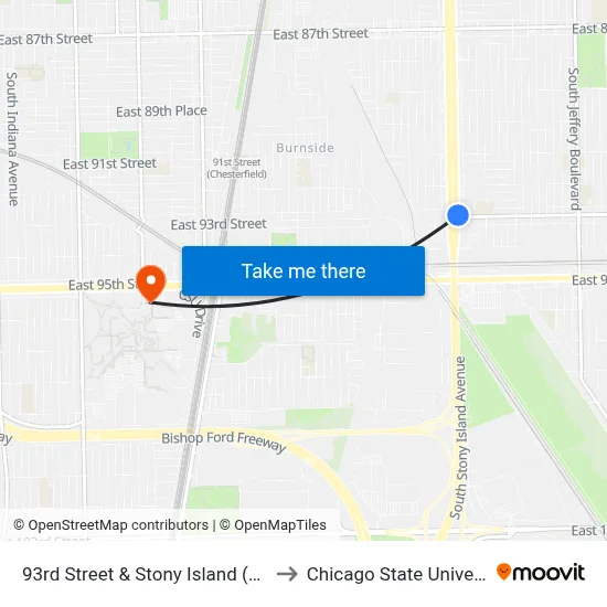 93rd Street & Stony Island (West) to Chicago State University map