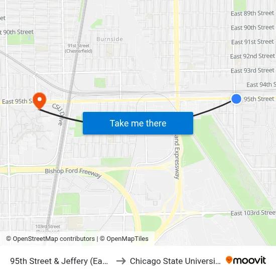 95th Street & Jeffery (East) to Chicago State University map