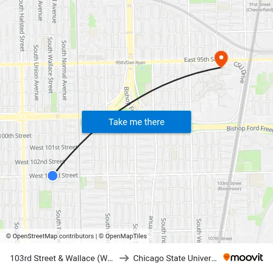 103rd Street & Wallace (West) to Chicago State University map
