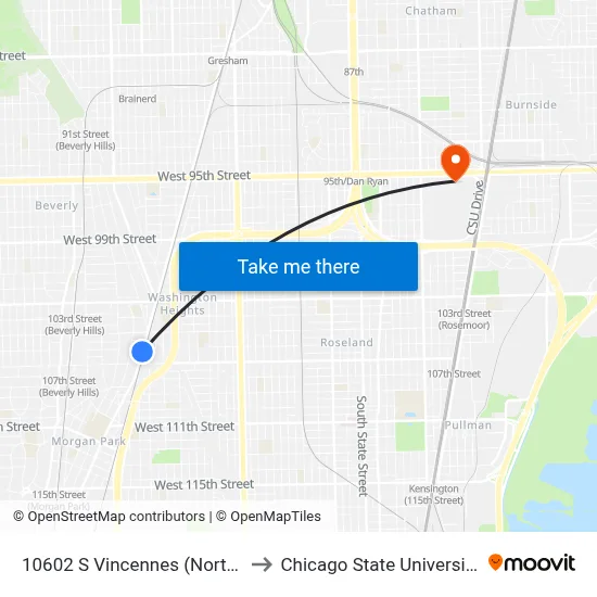 10602 S Vincennes (North) to Chicago State University map