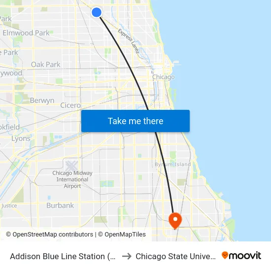 Addison Blue Line Station (East) to Chicago State University map