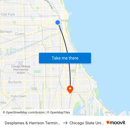 Desplaines & Harrison Terminal (South) to Chicago State University map
