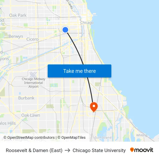 Roosevelt & Damen (East) to Chicago State University map