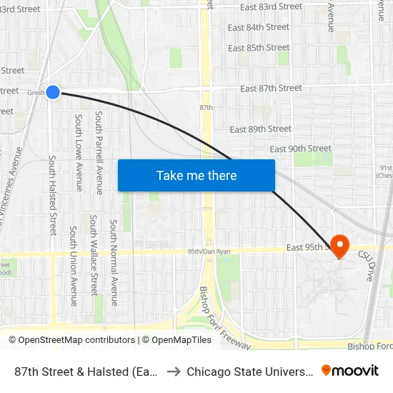 87th Street & Halsted (East) to Chicago State University map