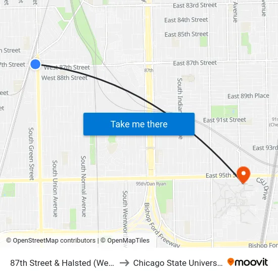 87th Street & Halsted (West) to Chicago State University map