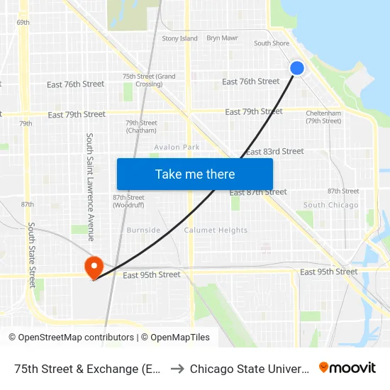 75th Street & Exchange (East) to Chicago State University map