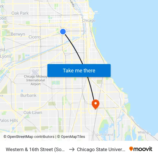 Western & 16th Street (South) to Chicago State University map