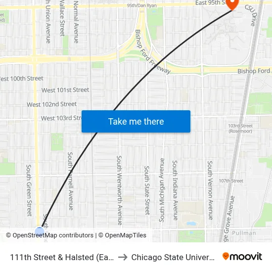 111th Street & Halsted (East) to Chicago State University map