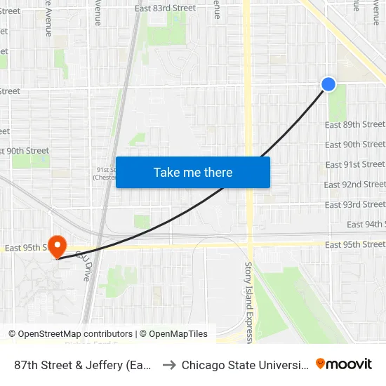 87th Street & Jeffery (East) to Chicago State University map