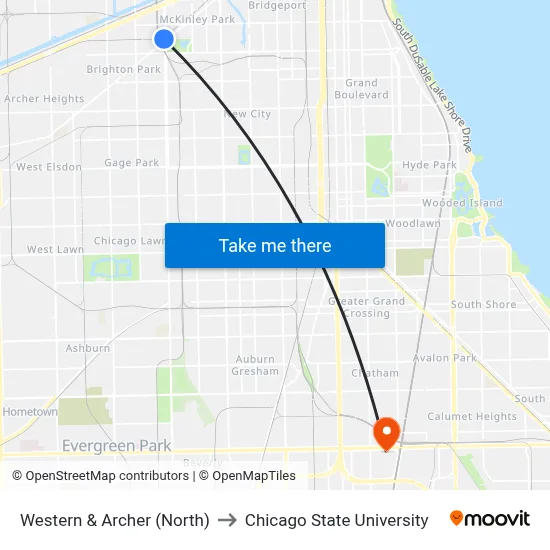 Western & Archer (North) to Chicago State University map