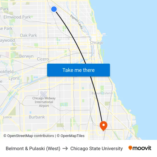 Belmont & Pulaski (West) to Chicago State University map