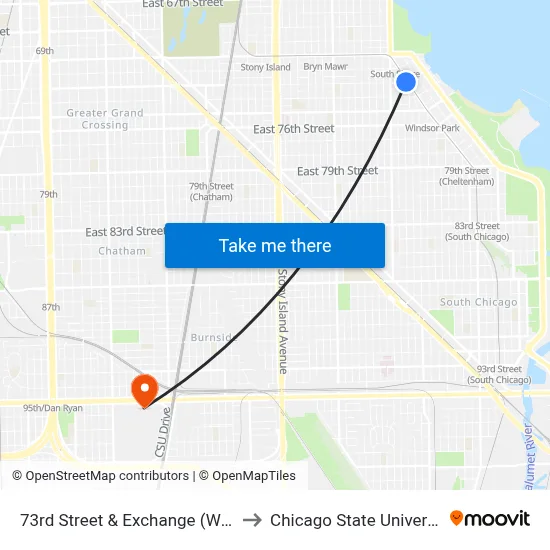 73rd Street & Exchange (West) to Chicago State University map
