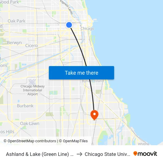 Ashland & Lake (Green Line) (North) to Chicago State University map