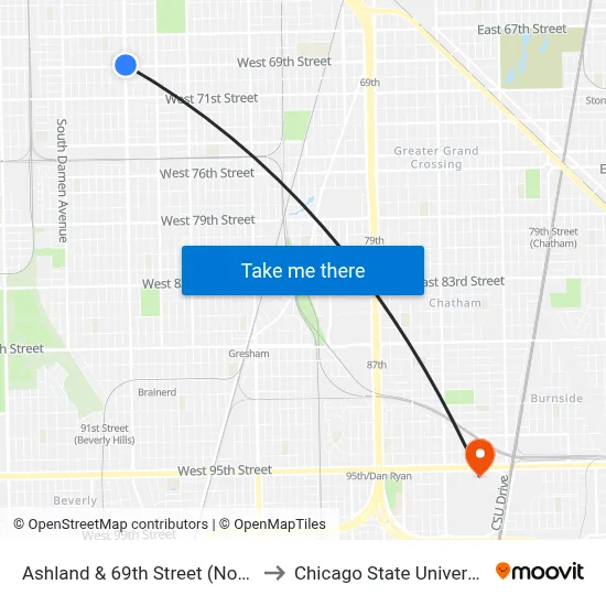 Ashland & 69th Street (North) to Chicago State University map