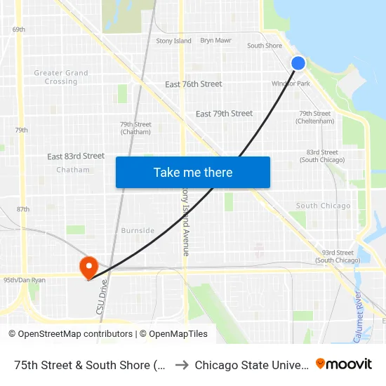 75th Street & South Shore (West) to Chicago State University map
