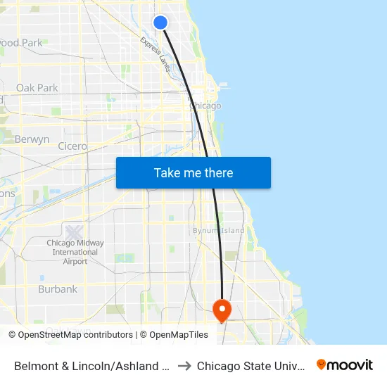 Belmont & Lincoln/Ashland (East) to Chicago State University map