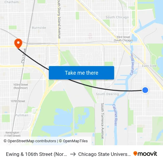 Ewing & 106th Street (North) to Chicago State University map