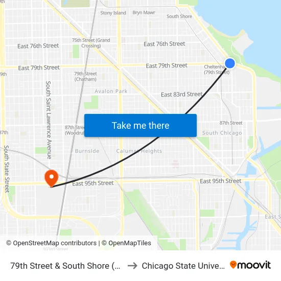 79th Street & South Shore (West) to Chicago State University map