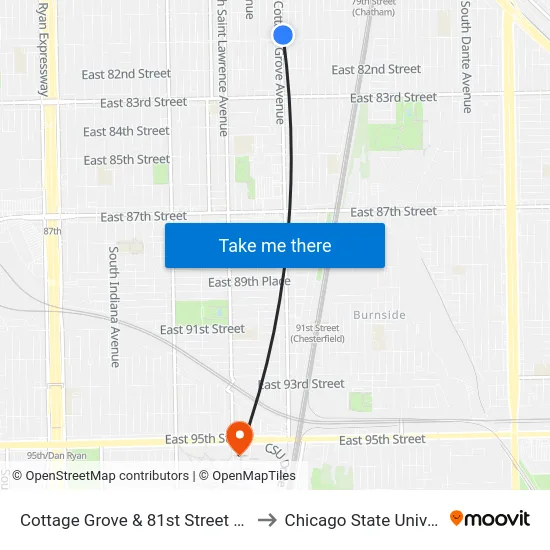 Cottage Grove & 81st Street (North) to Chicago State University map