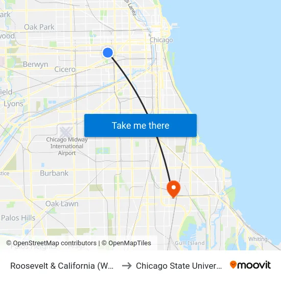 Roosevelt & California (West) to Chicago State University map