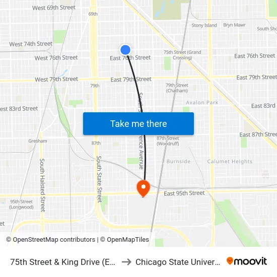 75th Street & King Drive (East) to Chicago State University map